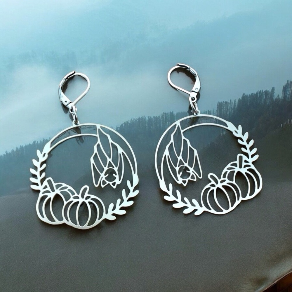 🆕 Bat with Pumpkins Laser Cut Earrings Stainless Steel
